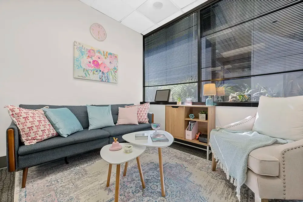 Lounge at the women's program offices on Faraday Avenue in Carlsbad